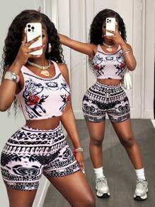 BamGleam 2-teiliges Set Damen Sommer Lässig Streetwear Vintage Sexy Barock Stil Outfit, Rundhals ärmelloses Korsett Top + Shorts, durchgängiges Barock Muster Muster in beige & schwarzem Blumen Netz Mesh - Verschiedenfarbig - Übersicht 3