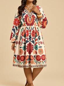 SHEIN LUNE 加大码返校服装女装花卉印花 V 领秋季女装返校节休闲度假长袖飘逸连衣裙商务休闲女装曲线秋季女装连衣裙优雅派对连衣裙女士派对连衣裙，适合春秋季，度假和约会度假连衣裙，女士节日服装，波西米亚风连衣裙 - 彩色 - 查看 5