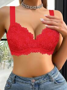 SHEIN 1 件女士日常休闲柔软舒适蕾丝无钢圈文胸，宽肩带，无缝且有支撑力，百搭款式