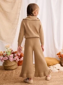 Blossori Young Girls' French Elegant Large Lapel Front Button Knitted Cardigan/Knitted Pants Set Girls Brown Knit Outfit Little Girl Brown Pant Set Toddler Girl Brown Sweater Set Girls Knit Set,In Fall/Winter - Khaki - View 2