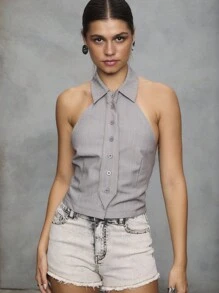 TypaGal Button-Up Tie Top,Gray Summer Chic Halter Top With Collar,Punk Tailoring 2000s Streetwear,Structured Rebellion Night Out Club Style For Women - Light Grey - View 1