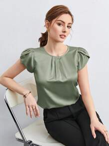 BizChic 女士纯色圆领褶饰蝙蝠袖宽松休闲衬衫，基本款都市通勤简约优雅别致商务休闲办公室装 - 綠色 - 查看 2