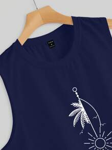 Manfinity EMRG Men's Summer Casual Vacation Tropical Coconut Tree & Sun Print Loose Tank Top - Royal Blue - View 4