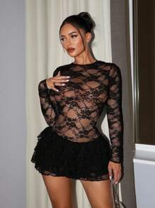 SHEIN SXY 女士性感优雅黑色蕾丝分层荷叶边紧身衣蛋糕裙 - 黑色 - 查看 3