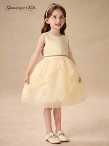 Glamorique Kids Girls' Princess Dress,Flower Girl Dress,Summer Apricot Asymmetric Hem,Silver Webbing,Back Strap Bowknot,Children's Birthday Wedding Festival Dress - Apricot - View 5