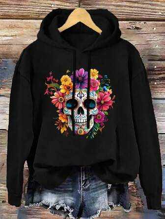 EMERY ROSE Plus Size Women Casual Minimalist Fashion Street Skull & Floral Pattern Drop Shoulder Drawstring Thick Black Hoodie Sweatshirt, Suitable For Autumn/Winter Y2K Halloween Back To School Homecoming Festival Night Out  Going Out Tops Womens Hoodies Graphic Hoodies Women Sugar Skull Hoodies Day Of The Dead Hoodies