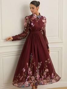 Chiquease Vestido elegante de manga larga con cuello de botón, cintura recogida, tela de gasa arrugada, mangas holgadas y diseño transparente para mujeres - Multicolor - Ver 5