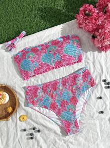 Swim Mod Conjunto de traje de baño de verano para mujer talla grande con top tipo bralette con estampado de concha colorido y con tirantes extraíbles, combinado con la Bottom triangular regular a juego