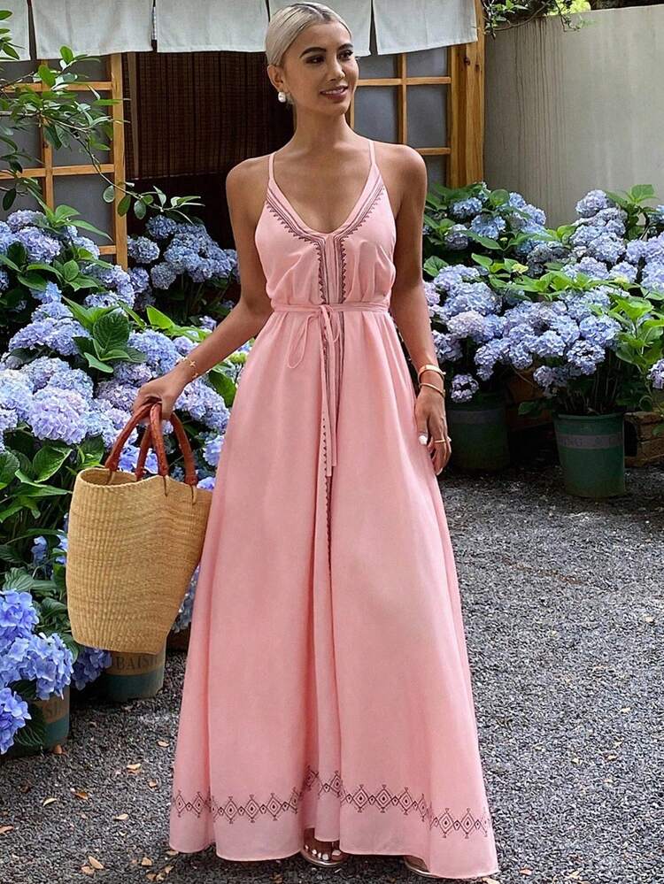 Backless Halter Tie Up Beach Vacation Dress Maxi Dress Cruise Outfit For Women Boho