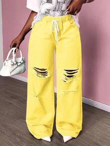 SHEIN SXY 休闲纯色破洞阔腿牛仔裤 - 黃色 - 查看 7