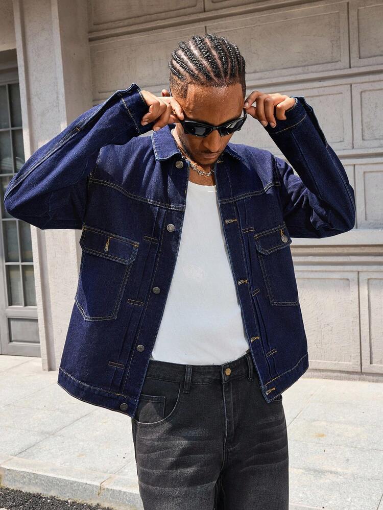 Manfinity EMRG Retro American Loose Fit Casual Jacket, Digital Print Lapel Denim Outerwear - Blue - View 6