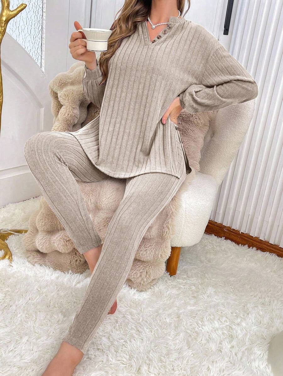 纯色纹理半扣女士家居服套装，秋冬服装，舒适套装