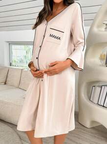 Moonlight&Mama 孕妇撞色滚边睡袍，喇叭袖，七分袖，前口袋，字母印花，家居服，秋冬季，舒适装扮 - 杏色 - 查看 5
