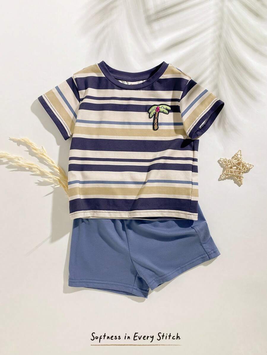 Cozy Pixies 2 pièces Ensemble Top à manches courtes col rond doux tricoté rayé coloré et short à taille élastique pour bébé garçon
