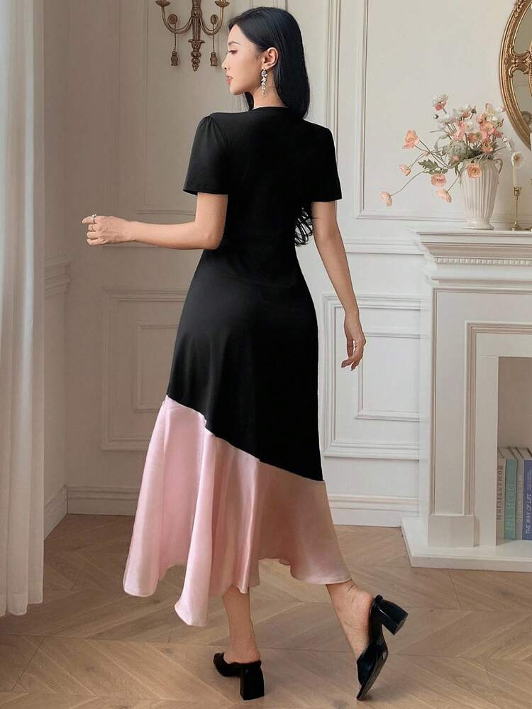 Color Block Round Neck Mid-Length Dress For Women Summer Women Dresses Sundress Maxi Dress