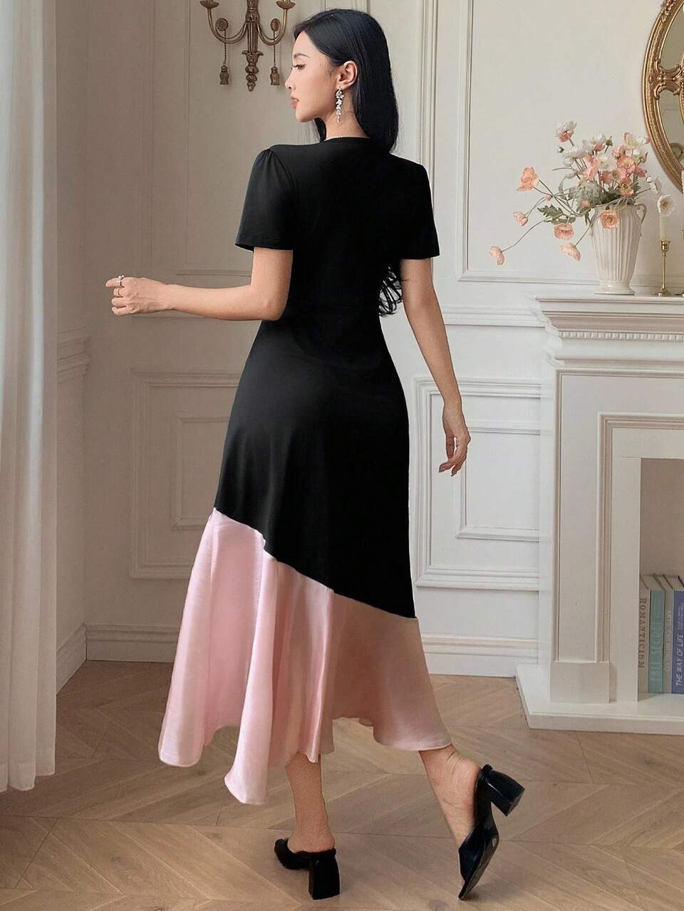 Color Block Round Neck Mid-Length Dress For Women Summer Women Dresses Sundress Maxi Dress