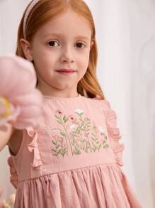 Blossori Young Girls' French Elegant Pink Floral Embroidered Ruffle Hem Sleeveless Dress, Spring/Summer - Pink - View 8
