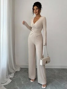 Gloray Bộ 2 món áo thun dài tay cổ chữ V thanh lịch màu mơ thu đông mới kèm cà vạt chéo + quần ống rộng cạp chun cho nữ - Màu be - Xem 4