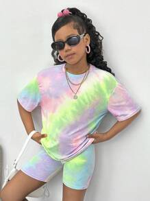 SHEIN 青少年女孩休闲扎染针织圆领短袖短裤套装 - 彩色 - 查看 5