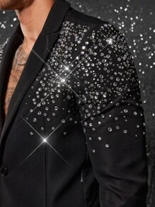 FeverCity Men's High-End Rhinestone Embellished Black Suit Set, 2 Pieces, Suitable For Spring & Autumn - Black - View 4
