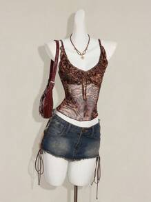 SHEIN ICON 女士豹纹蕾丝边 V 领吊带背心，性感 Y2K 风格 - 彩色 - 查看 6