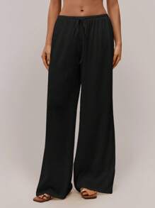 SHEIN Forever 21 Women's Solid Color Drawstring Waist Wide Leg Loose Casual Pants,Fall Clothes For Women - Black - View 3