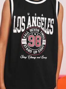SHEIN Tween Boy Loose Casual Minimalist Comfortable Round Neck Sleeveless Contrast Trim Tank Top And Shorts Set ,Back To School Season, Christmas - Black - View 5