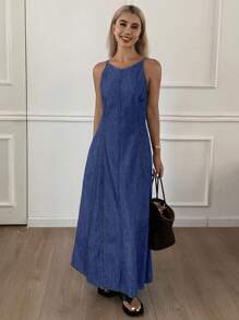 DAZY Váy denim dáng rộng không tay thường ngày dành cho nữ, phong cách đường phố & nghỉ dưỡng, xuân/hè - Rửa trung bình - Xem 2