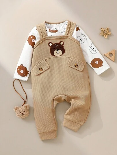 SHEIN Bộ đồ liền thân 2 món vải kaki thường ngày cho bé trai có túi và họa tiết sọc in dễ thương, trang phục thiết yếu cho những chuyến đi chơi mùa thu