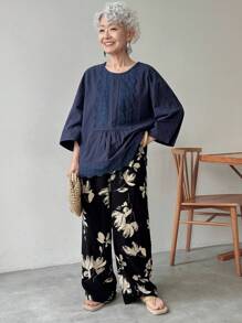 FRIFUL Women's Solid Navy Blue Drop Shoulder 3/4 Sleeve Patchwork Cotton Embroidered Pleated Casual Loose Versatile Blouse, Business Casual - Navy Blue - View 2