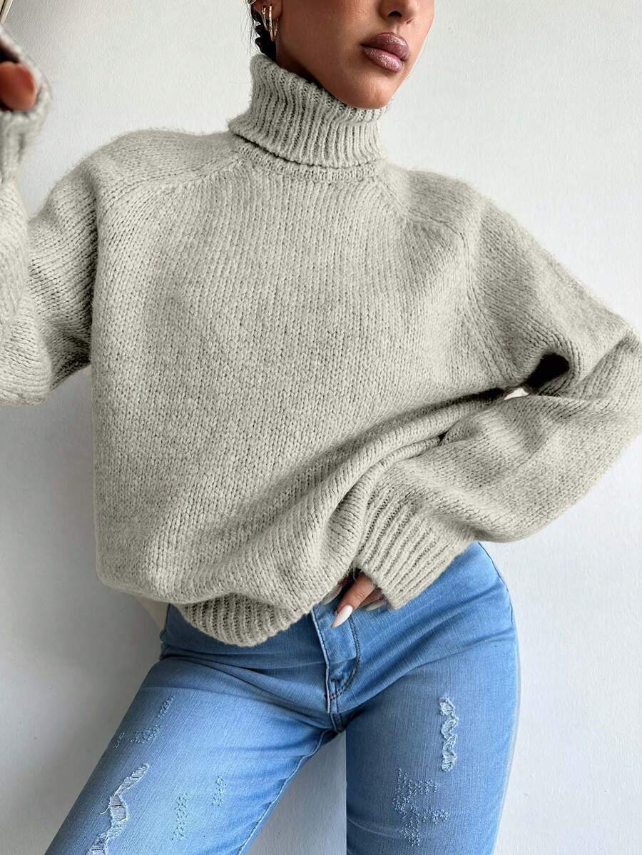 EURMUSE Áo cao cổ Tay Raglan Áo len - Màu be - Xem 1