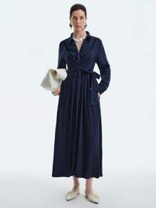 Lyxana 女士春夏法式优雅简约高端办公室/通勤/休闲/度假竹纤维舒适衬衫领 V 领收腰交叉领带褶皱口袋喇叭下摆长袖长裙 - 藏蓝色 - 查看 4