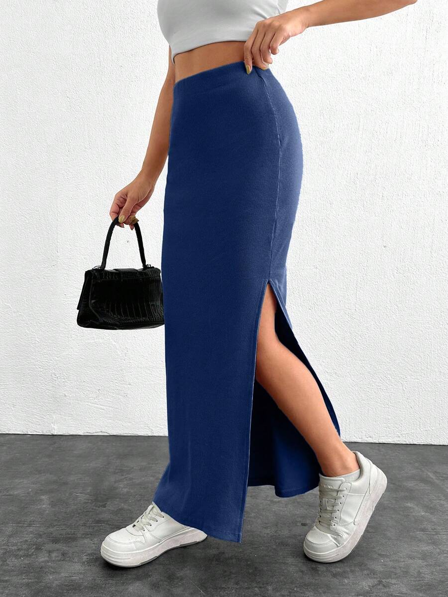 EURMUSE Women Solid Color Slit Detailed Tube Skirt - Dusty Blue - View 1