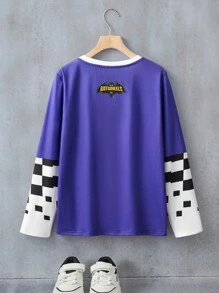 Batwheels X SHEIN Tween Boy Casual Street Style Racing Car & Slogan Graphic Checkered Long Sleeve T-Shirt, Spring/Autumn Cars Shirt For Boys Race Car Clothes Boys Full Sleeve T Shirts Cartoon