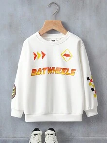 Batwheels X SHEIN Young Boy Cartoon Pattern White Long Sleeve Sweatshirt