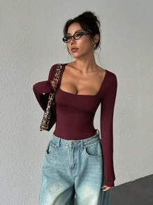 StreetHx Bodysuit Lengan Panjang Wanita, Cokelat, Potongan Ramping, Minimalis, Serbaguna untuk Beraktivitas di Luar Ruangan, Pakaian Musim Gugur untuk Wanita - Burgundy - View 6