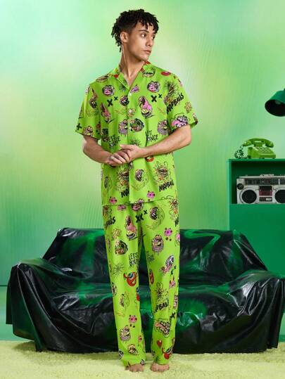 MADBALLS X SHEIN Men's Summer All-Over Print Lapel Collar Short Sleeve Shirt And Pants Loungewear Set