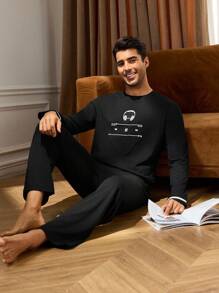 Manfinity Underwear&Sleepwear Basics 男士耳机印花长袖上衣和裤子睡衣套装，秋冬服装 - 黑色 - 查看 9