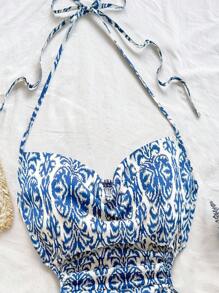 Soleia 女士度假蓝白花卉图案露背系带腰部镂空宽松连体裤，适合度假、约会、下午茶、西部风、游轮、海滩、海岛、公路旅行、四季、音乐节、波西米亚风度假 - 藍白色 - 查看 6