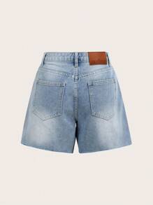 SHEIN Unity 女士休闲水洗牛仔短裤，夏季 - 淺色水洗藍 - 查看 2