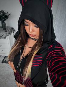 Flirla Grunge Punk Halloween Cute Cat Ear Striped Long Sleeve Comfortable Jacket Zip Up Hoodie Women Cat Ear Hoodie Fall Winter Cloth For Women Autumn - Black - View 2