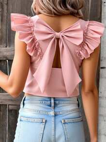 Blusa tejida elegante de cuello en V rosa con mangas con volantes, lazo en la espalda, blusa ajustada corta, versátil y práctica, se puede combinar con faldas, pantalones acampanados, pantalones de pierna ancha, pantalones pitillo, shorts para adolescentes - Rosa - Ver 1