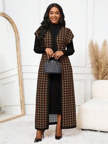 SHEIN Lady CURVE 棕色千鸟格撞色条纹开衫外套女背心上衣春夏秋季百搭单品大码夹克 - 棕色 - 查看 8