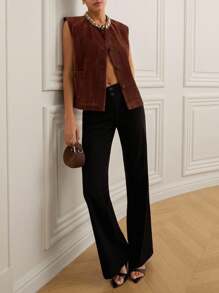 Revavyn Autumn/Winter New Rhinestone Decor Collar Pocket Vest Jacket - Brown - View 3