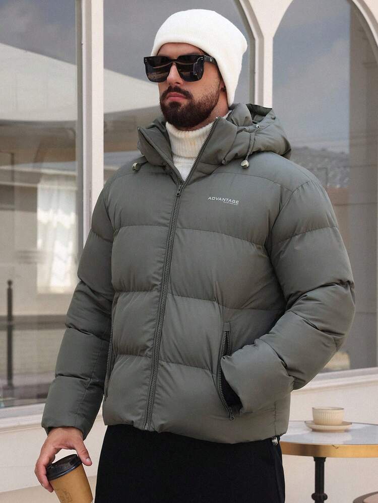 Men's Thick Padded Coat With Letter Print, Hooded, Drawstring, Warm For Winter, Deep Grey Jacket