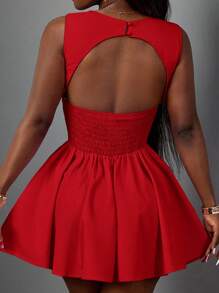 Slaydiva 2025 新款春夏大码女式复古西部/热带/音乐节/俱乐部/公路旅行//休闲/城市休闲/毕业约会/优雅度假/公主风格度假连衣裙，紫红色心形领口拼接甜心领口荷叶边下摆 A 字迷你连衣裙 - 紅色 - 查看 3