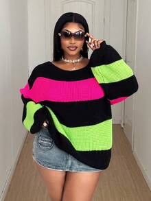 Maweii Damen Große Größen Pullover mit Kontrast-Streifen, Off-Shoulder, locker und lässig