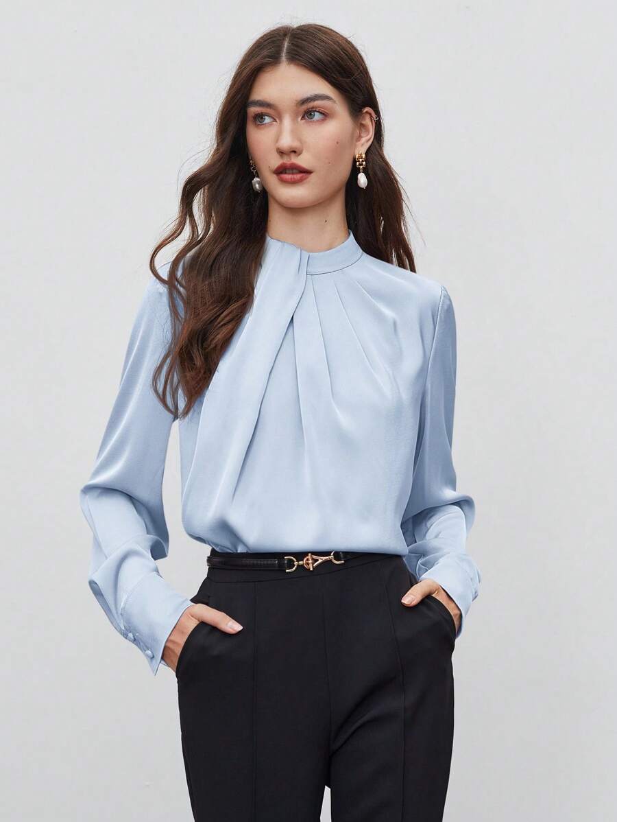 BizChic Top Feminina com Gola Alta Pequena, Design Assimétrico, Decoração Plissada, Ajuste Solto, Top de Manga Longa, Elegante Minimalista Casual para Ir ao Trabalho, Encontro, Uso Diário, Férias, Dia da Independência, Temporada de Formatura, Festival de Música, Emagrecedor, Elegante, Versátil, Premium, Verão, Social, Feriado, Festa, Passeio, Praia, Escritório, Vintage Francês, Fresco - Azul Empoeirado - Visão 1