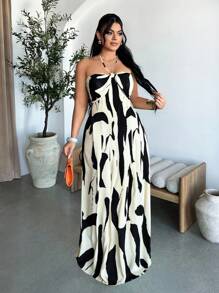 SHEIN SXY Vestido largo con escote en V y sin espalda con pliegues de estampado completo, estilo sexy para vacaciones, verano