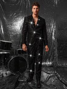FeverCity Summer Men's Personalized Cut-Out Shiny Long Sleeve Suit Jacket And Pants Set, Party Occasion - Black - View 5